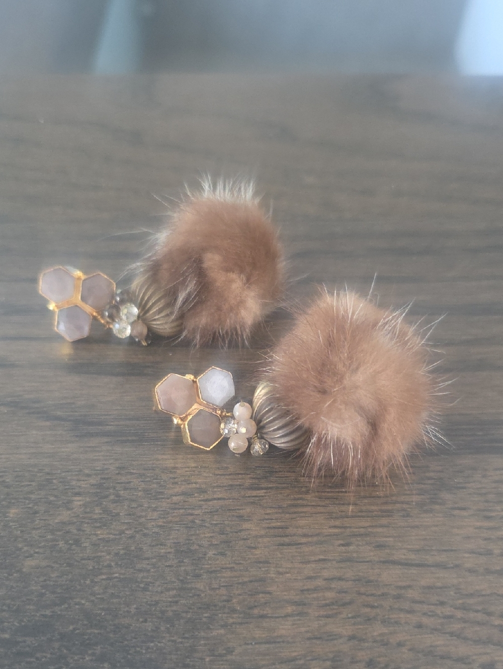 Faux Fur Brown Pom Drop Earrings with Gold Accents